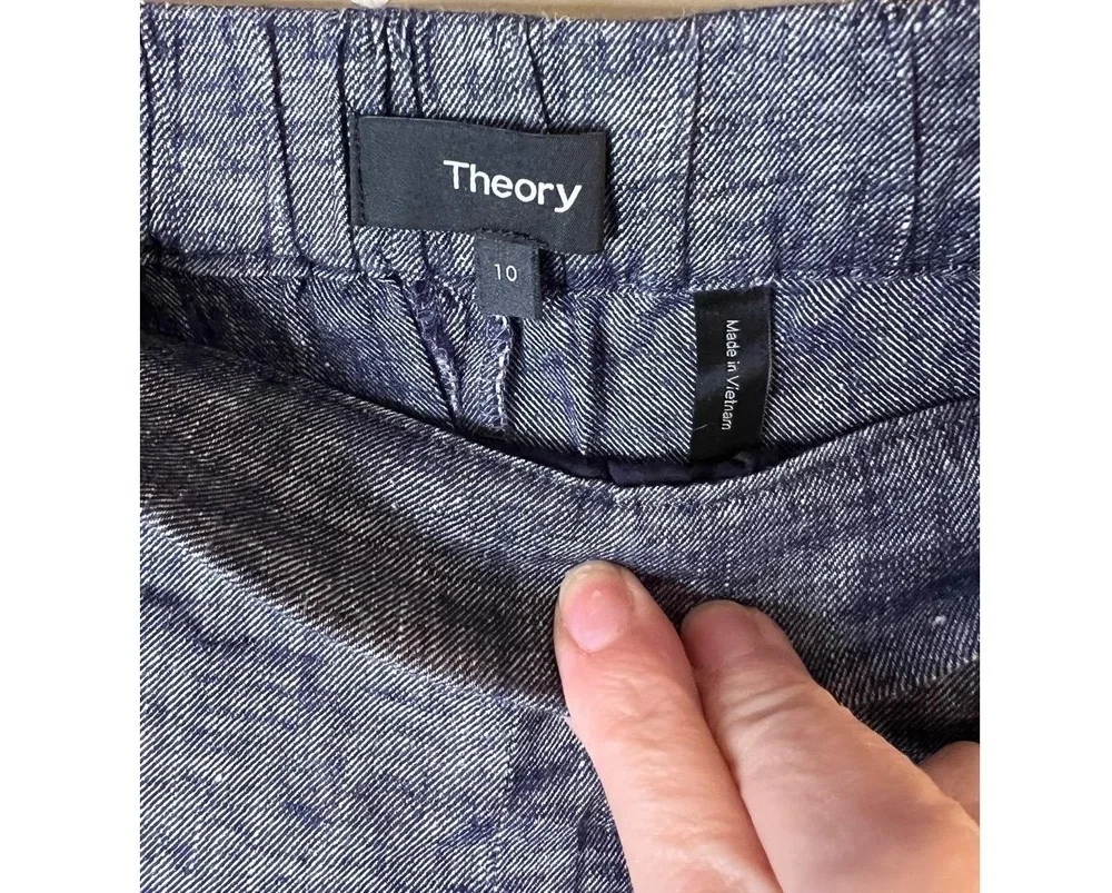 Theory Blue Textured Elastic Waist Cropped Linen Pants Size 10